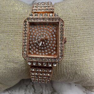 3/$30 Rhinestone Watch Women Rose Gold Tone Square Dial 20MM New Battery 6.5”